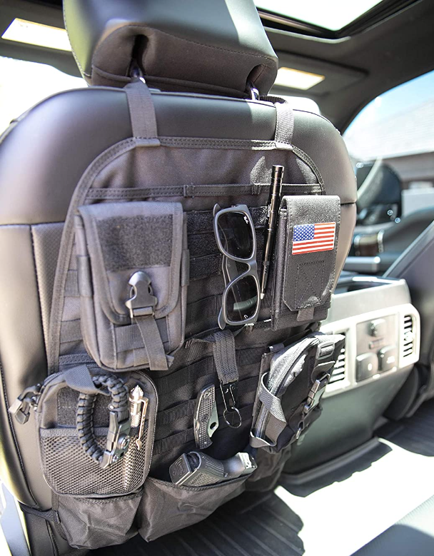 Tactical rear seat organizer with storage pockets and Molle for
